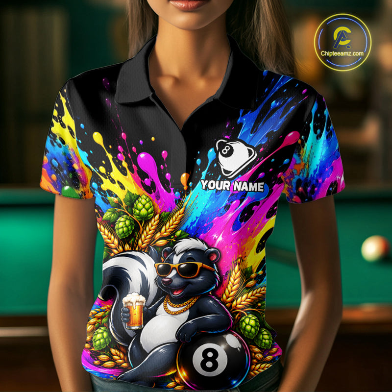 Funny Skunk 8-Ball Pool Team Shirt For Women Neon Paint Splash Custom Billiard Team Jersey NYN4795