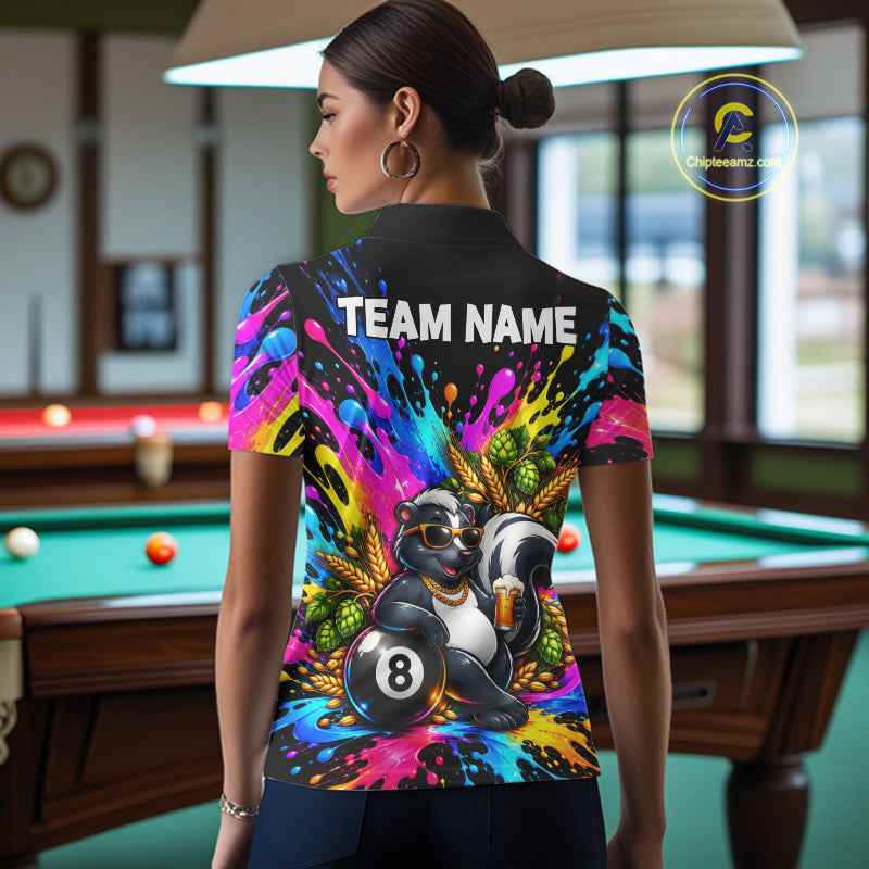 Funny Skunk 8-Ball Pool Team Shirt For Women Neon Paint Splash Custom Billiard Team Jersey NYN4795