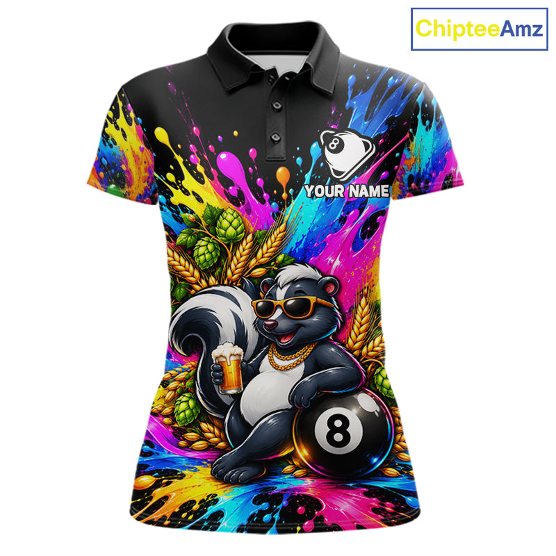 Funny Skunk 8-Ball Pool Team Shirt For Women Neon Paint Splash Custom Billiard Team Jersey NYN4795