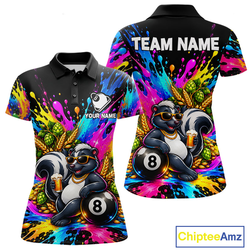 Funny Skunk 8-Ball Pool Team Shirt For Women Neon Paint Splash Custom Billiard Team Jersey NYN4795