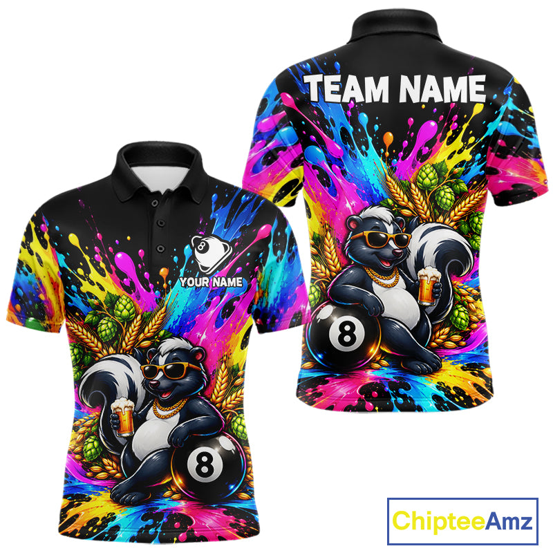 Funny Skunk 8-Ball Pool Team Shirt For Men Neon Paint Splash Custom Billiard Team Jersey NYN4795