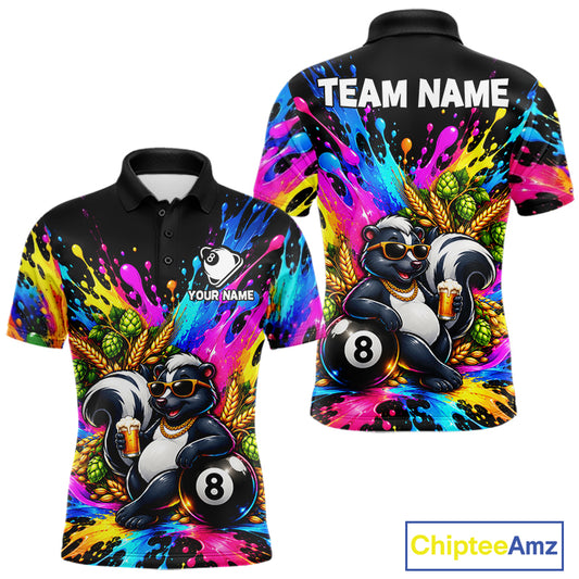 Funny Skunk 8-Ball Pool Team Shirt For Men Neon Paint Splash Custom Billiard Team Jersey NYN4795