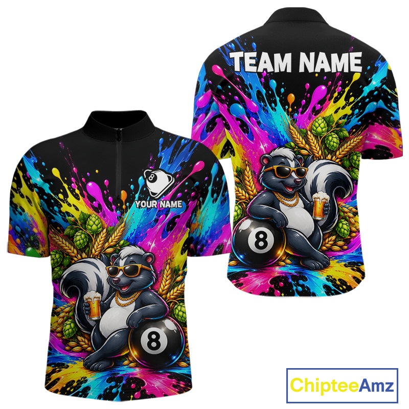 Funny Skunk 8-Ball Pool Team Shirt For Men Neon Paint Splash Custom Billiard Team Jersey NYN4795