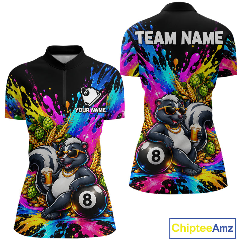 Funny Skunk 8-Ball Pool Team Shirt For Women Neon Paint Splash Custom Billiard Team Jersey NYN4795