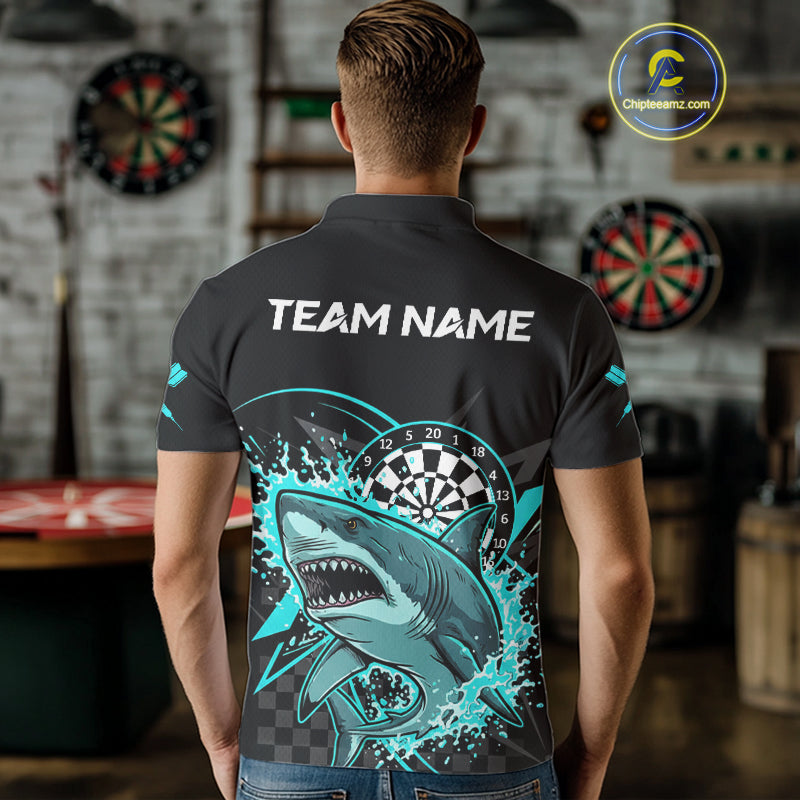Black And Turquoise Funny Shark Dartboard Custom Men Darts Polo Shirt Dart Jerseys NYN1906