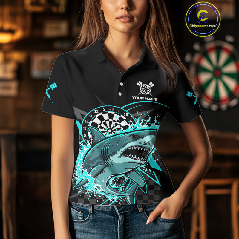Black And Turquoise Funny Shark Dartboard Custom Women Darts Polo Shirt Dart Jerseys NYN1906