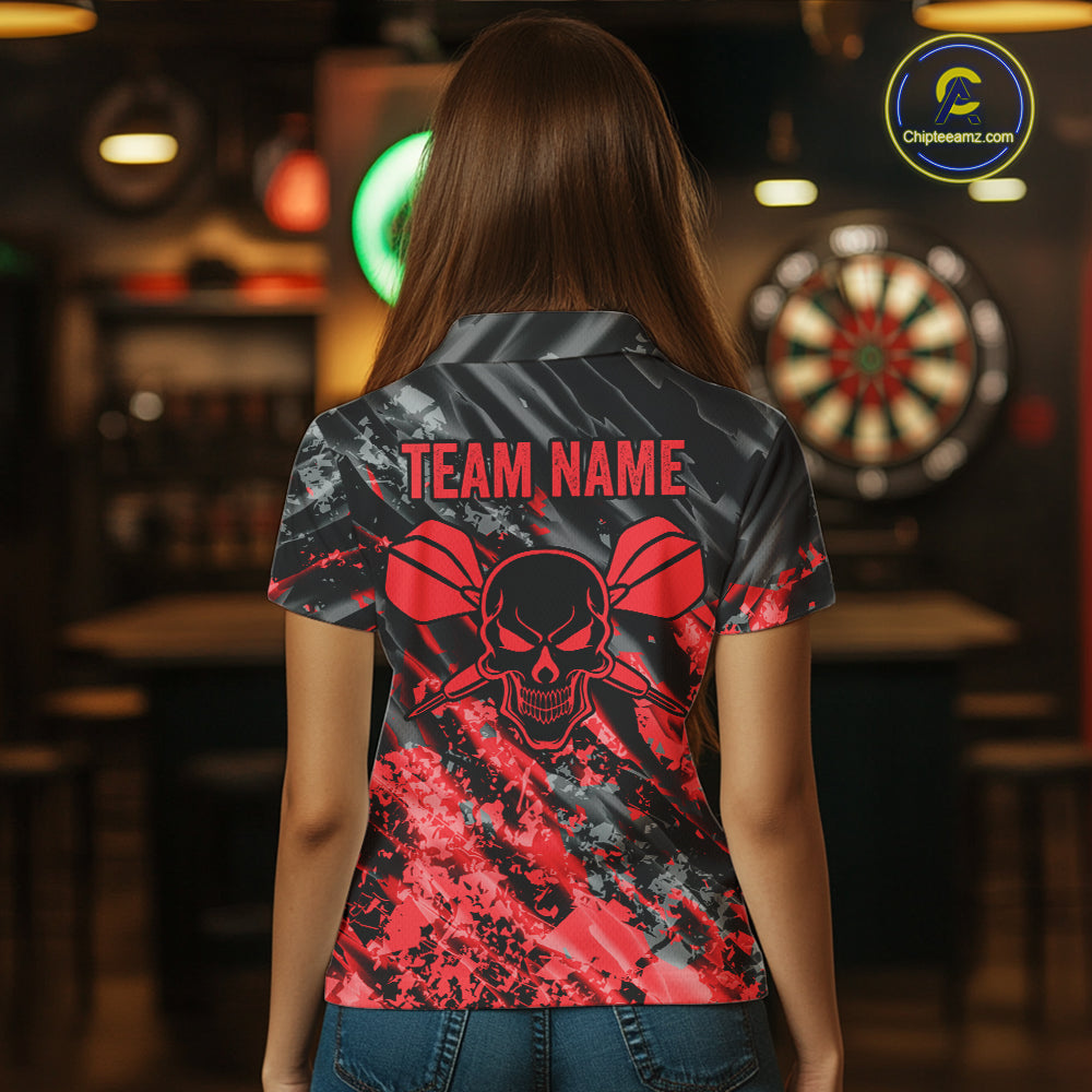 Custom Streaks Red And Grey Skull Women Darts Polo Team Shirt Skull Dart League Jerseys NYN2179