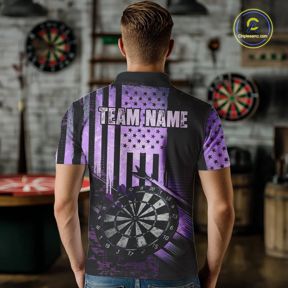 Purple US Flag Grunge Dartboard & Arrow Men Darts Polo Shirts Custom Dart Team Jerseys NYN2444