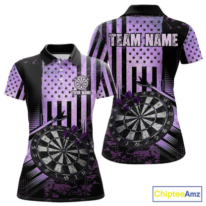 Purple US Flag Grunge Dartboard & Arrow Women Darts Polo Shirts Custom Dart Team Jerseys NYN2444