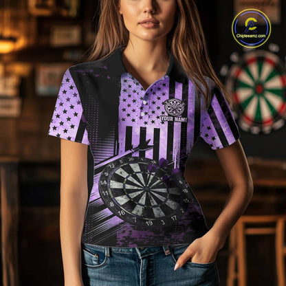 Purple US Flag Grunge Dartboard & Arrow Women Darts 1/4-Zip Shirts Custom Dart Team Jerseys NYN2444