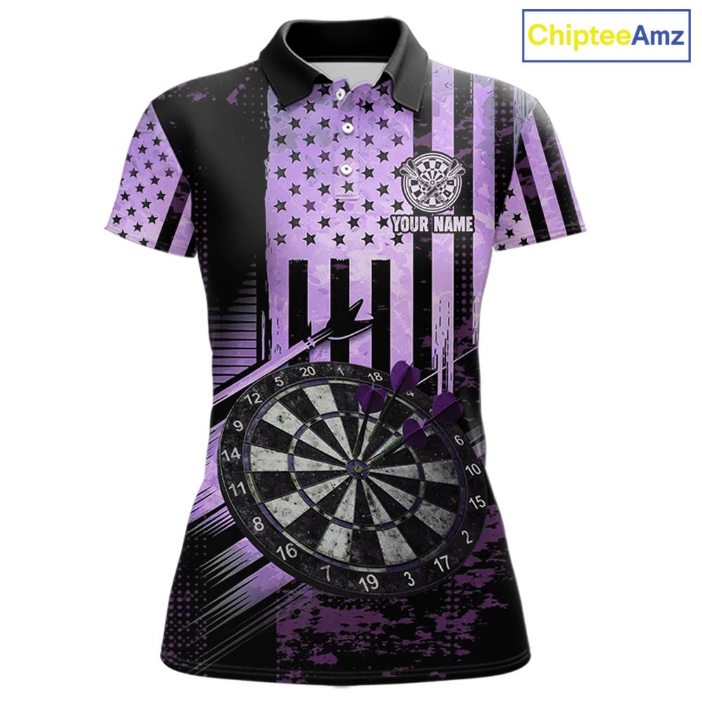 Purple US Flag Grunge Dartboard & Arrow Women Darts Polo Shirts Custom Dart Team Jerseys NYN2444