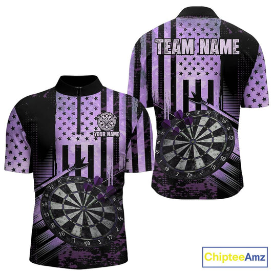 Purple US Flag Grunge Dartboard & Arrow Men Darts 1/4-Zip Shirts Custom Dart Team Jerseys NYN2444