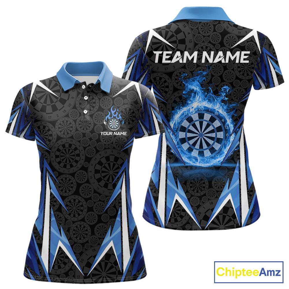 Black And Blue Flames Dartboard Women Darts Polo Shirts Custom Fire Flame Dart Team Jerseys NYN2445