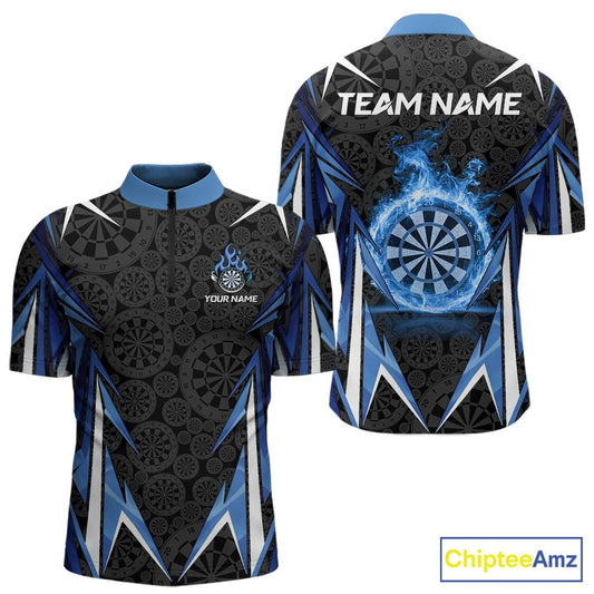 Black And Blue Flames Dartboard Men Darts 1/4-Zip Shirts Custom Fire Flame Dart Team Jerseys NYN2445