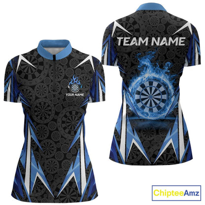Black And Blue Flames Dartboard Women Darts 1/4-Zip Shirts Custom Fire Flame Dart Team Jerseys NYN2445