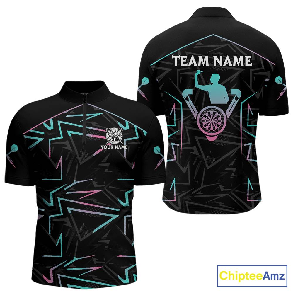 Blue And Pink Lines Human Plays Darts 1/4-Zip Shirts For Men Personalized Dart Team Jerseys NYN2448