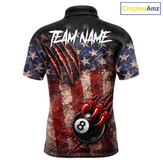 Personalized Cracked US Flag Grunge Claws Pool 8 Ball Men's Billiard Team Shirt Billiard Attire NYN2672