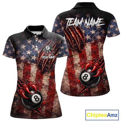 Personalized Cracked US Flag Grunge Claws Pool 8 Ball Women's Billiard Team Shirt Billiard Attire NYN2672