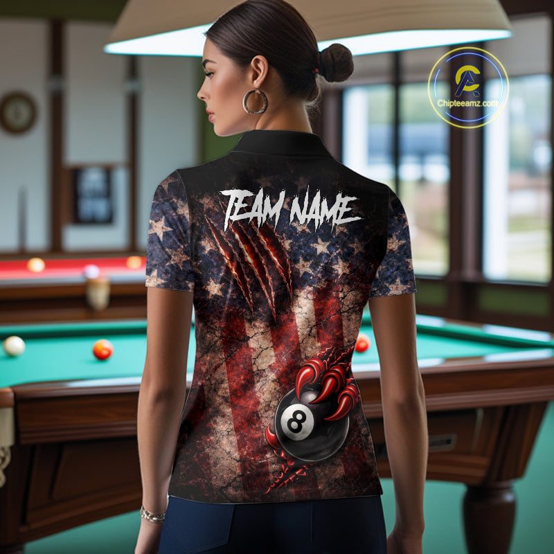 Personalized Cracked US Flag Grunge Claws Pool 8 Ball Women's Billiard Team Shirt Billiard Attire NYN2672