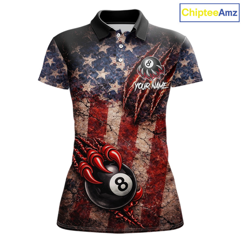 Personalized Cracked US Flag Grunge Claws Pool 8 Ball Women's Billiard Team Shirt Billiard Attire NYN2672