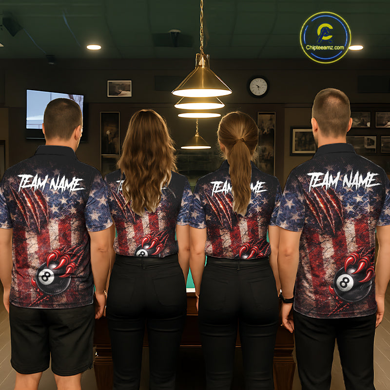 Personalized Cracked US Flag Grunge Claws Pool 8 Ball Men's Billiard Team Shirt Billiard Attire NYN2672