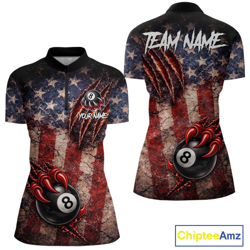 Personalized Cracked US Flag Grunge Claws Pool 8 Ball Women's Billiard Team Shirt Billiard Attire NYN2672