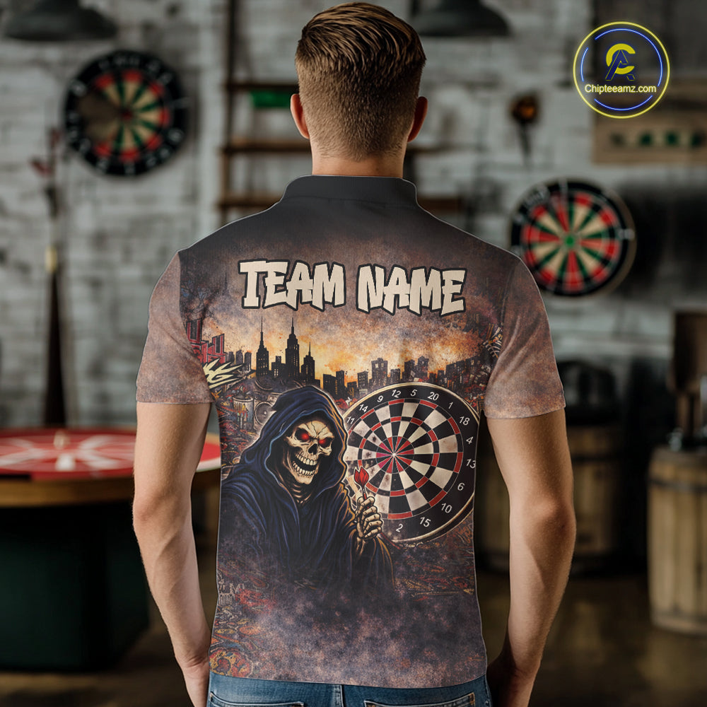 Graffiti Grunge Grim Reaper Red Dartboard Dart Polo Shirts For Men Custom Dart Team Shirts NYN2674