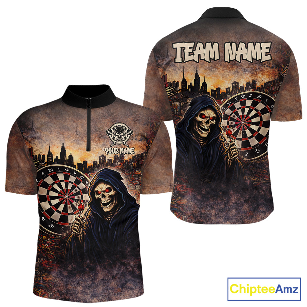 Graffiti Grunge Grim Reaper Red Dartboard Dart 1/4-Zip Shirts For Men Custom Dart Team Shirts NYN2674