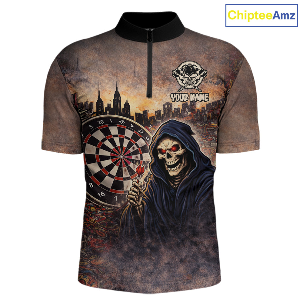 Graffiti Grunge Grim Reaper Red Dartboard Dart 1/4-Zip Shirts For Men Custom Dart Team Shirts NYN2674