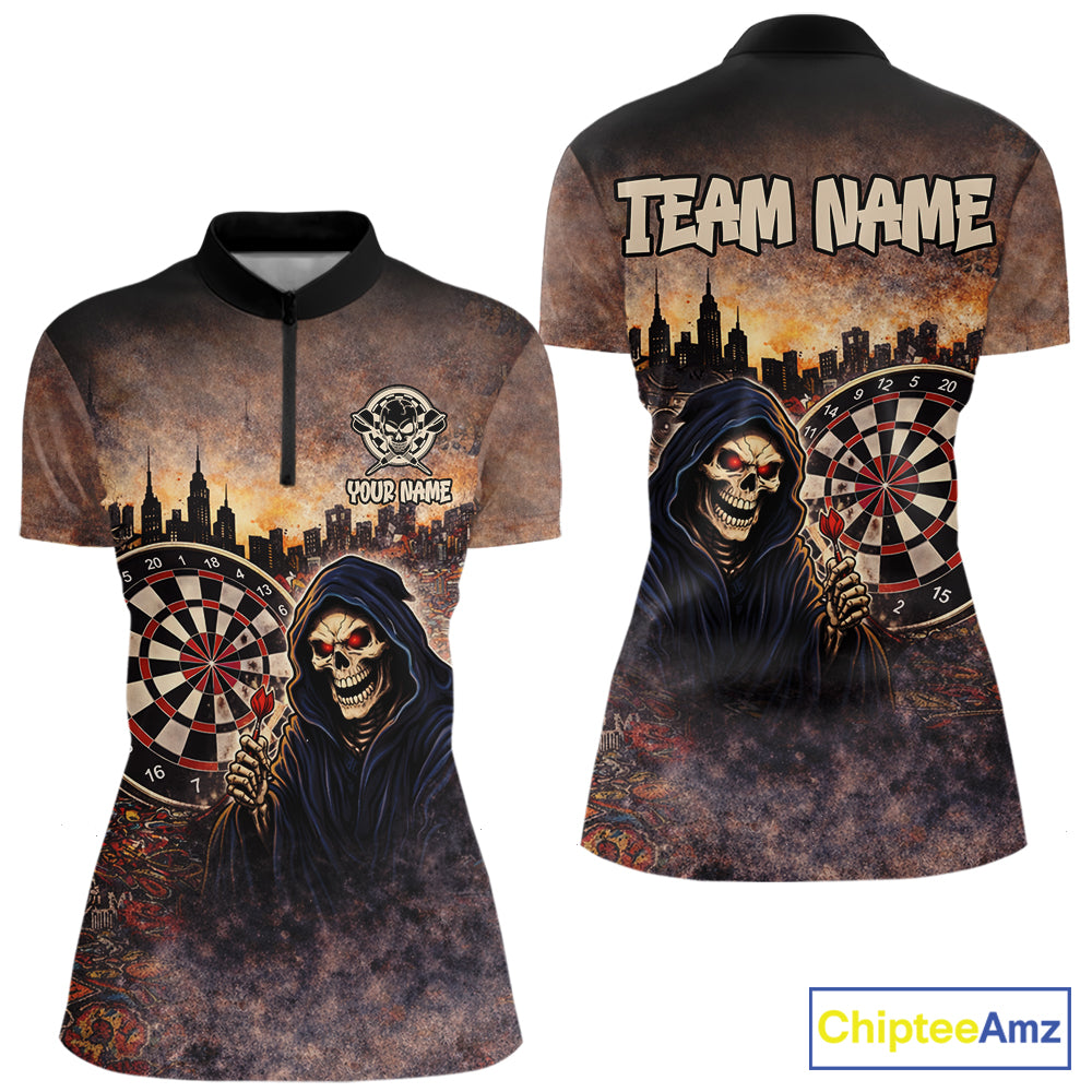 Graffiti Grunge Grim Reaper Red Dartboard Dart 1/4-Zip Shirts For Women Custom Dart Team Shirts NYN2674
