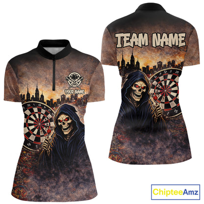 Graffiti Grunge Grim Reaper Red Dartboard Dart 1/4-Zip Shirts For Women Custom Dart Team Shirts NYN2674