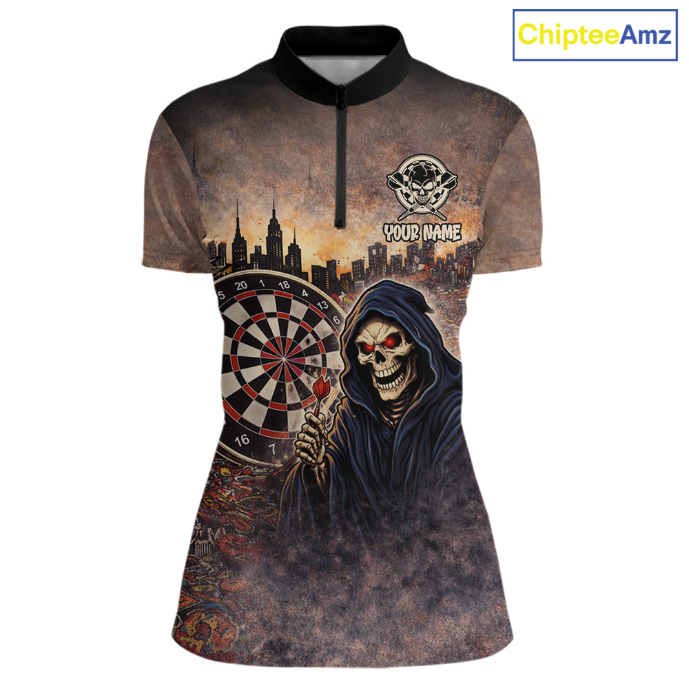 Graffiti Grunge Grim Reaper Red Dartboard Dart 1/4-Zip Shirts For Women Custom Dart Team Shirts NYN2674