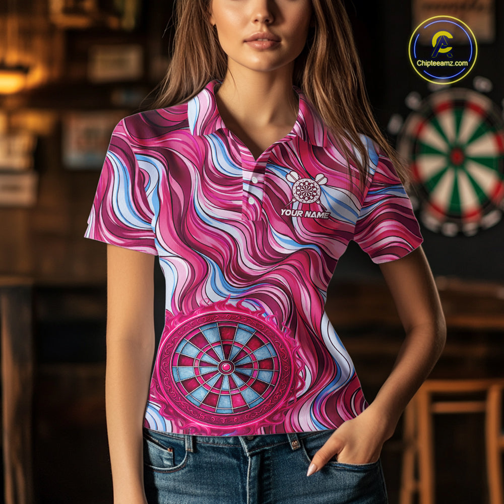 Custom Pink Blue Paint Dartboard & Arrow Polo & Quarter-Zip Shirt For Women Outfits Dart Jerseys NYN2825