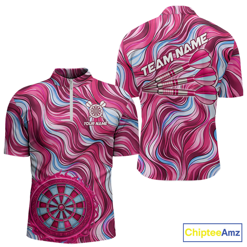 Custom Pink Blue Paint Dartboard & Arrow Polo & Quarter-Zip Shirt For Men Outfits Dart Jerseys NYN2825
