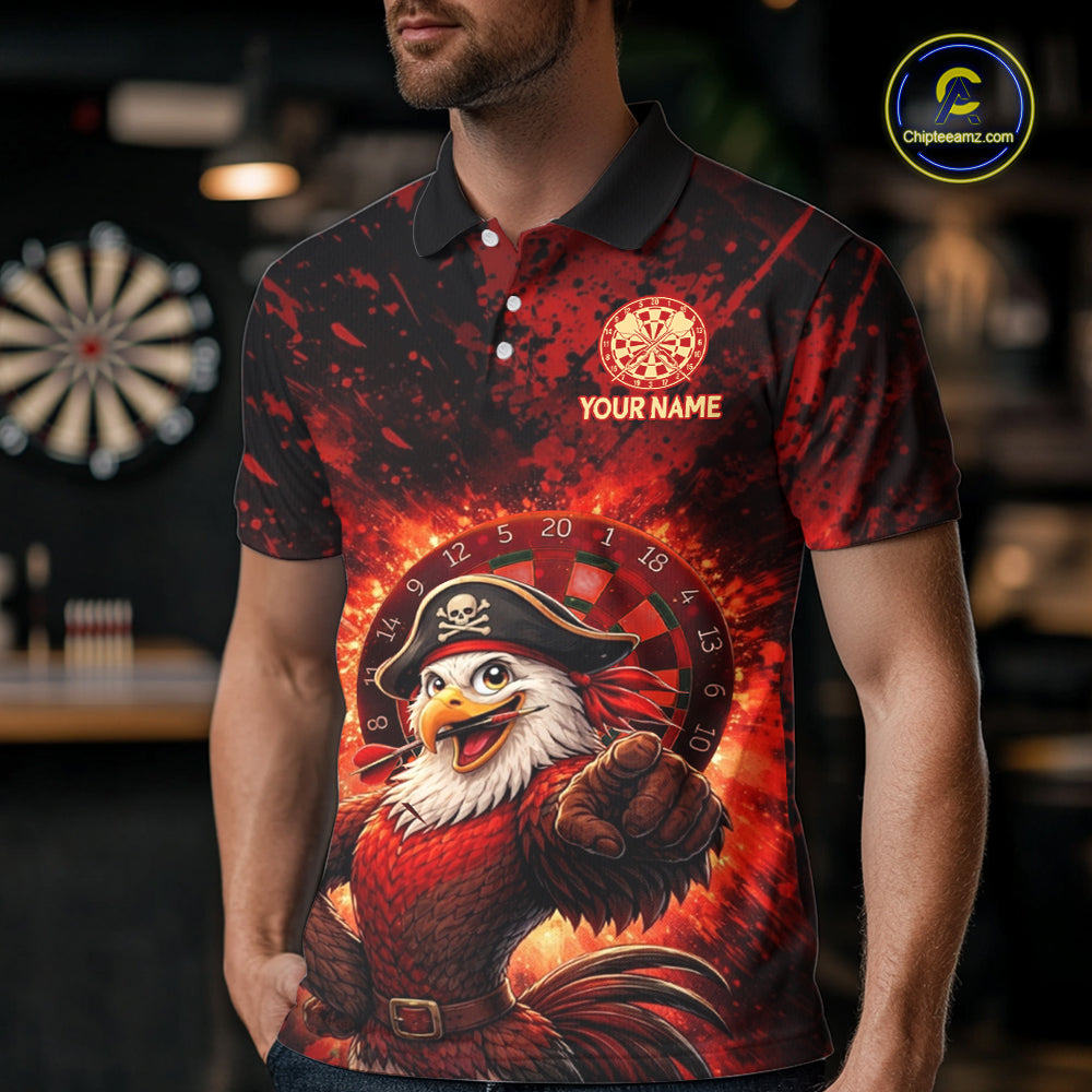 Funny Pirate Rooster Men Darts Polo & 1/4-Zip Shirt Personalized Red Splatter Paint Dart Team Jersey NYN3031