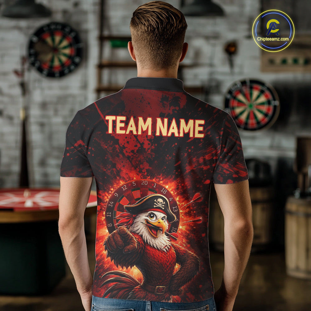 Funny Pirate Rooster Men Darts Polo & 1/4-Zip Shirt Personalized Red Splatter Paint Dart Team Jersey NYN3031