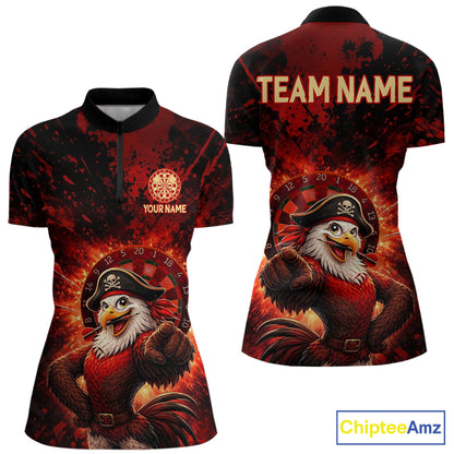 Funny Pirate Rooster Women Darts Polo & 1/4-Zip Shirt Personalized Red Splatter Paint Dart Team Jersey NYN3031