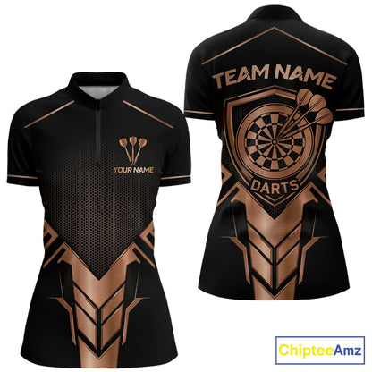 Black And Metallic Copper Darts Polo & 1/4-Zip Shirt For Women Custom Outfits Team Darts Jersey NYN3040