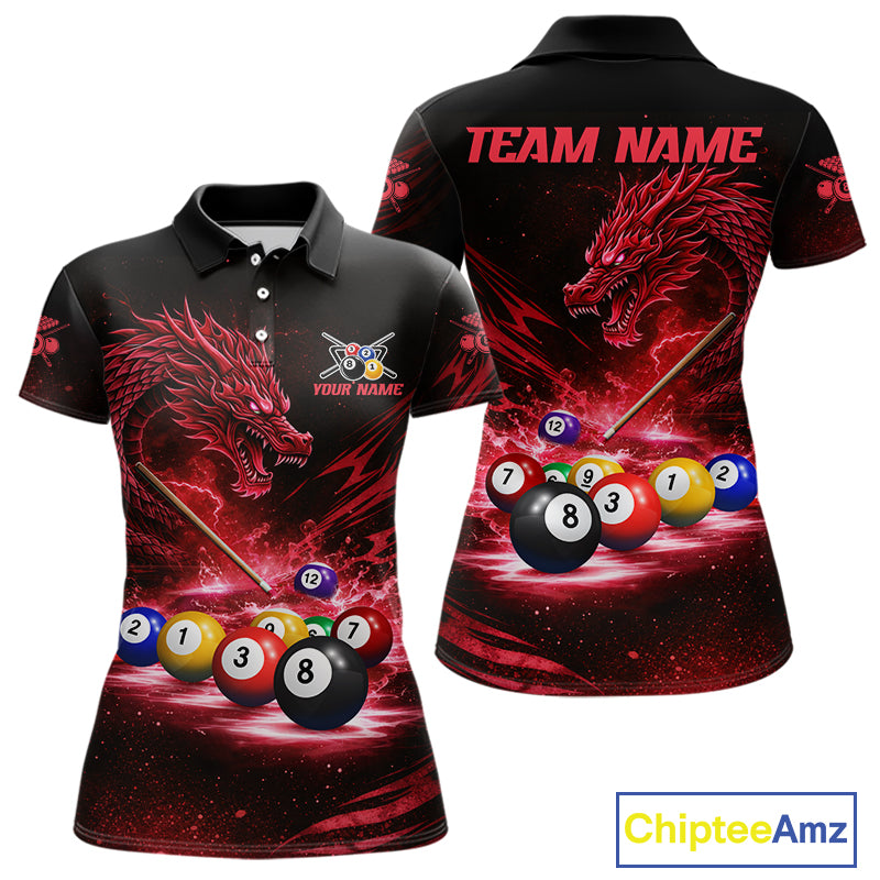 Red Funny Dragon Thunder Ball Pool Billiard Team Shirt For Women Custom Billiards Ball Attire NYN3041