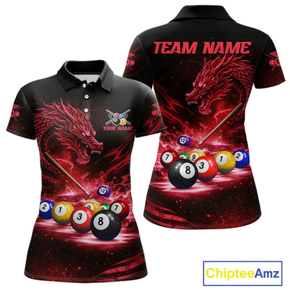 Red Funny Dragon Thunder Ball Pool Billiard Team Shirt For Women Custom Billiards Ball Attire NYN3041