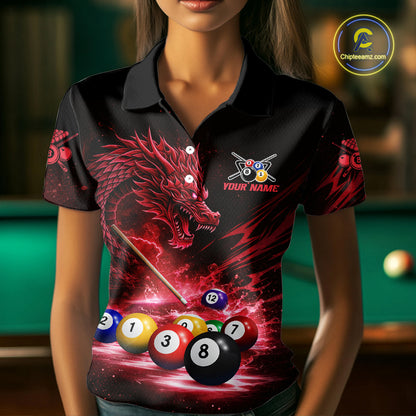 Red Funny Dragon Thunder Ball Pool Billiard Team Shirt For Women Custom Billiards Ball Attire NYN3041