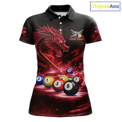 Red Funny Dragon Thunder Ball Pool Billiard Team Shirt For Women Custom Billiards Ball Attire NYN3041