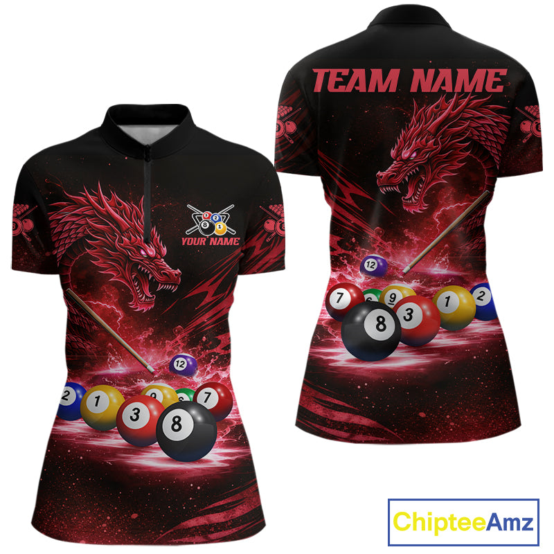 Red Funny Dragon Thunder Ball Pool Billiard Team Shirt For Women Custom Billiards Ball Attire NYN3041
