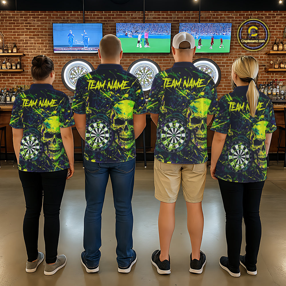 Grunge Blue Green Strike Horror Skull Womens Darts Shirt Personalized Splatter Dart Team Jerseys NYN3202