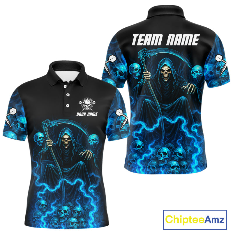 Blue The Reaper Men's Darts Shirt Flame Skulls Team Jersey - Custom Name For Players NYN0507