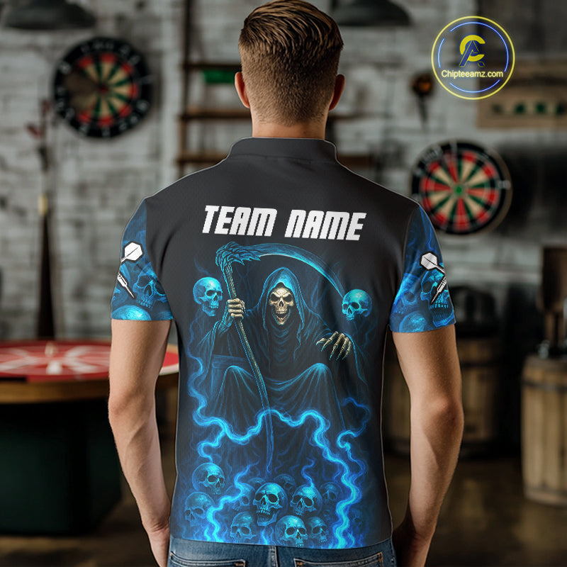 Blue The Reaper Men's Darts Shirt Flame Skulls Team Jersey - Custom Name For Players NYN0507
