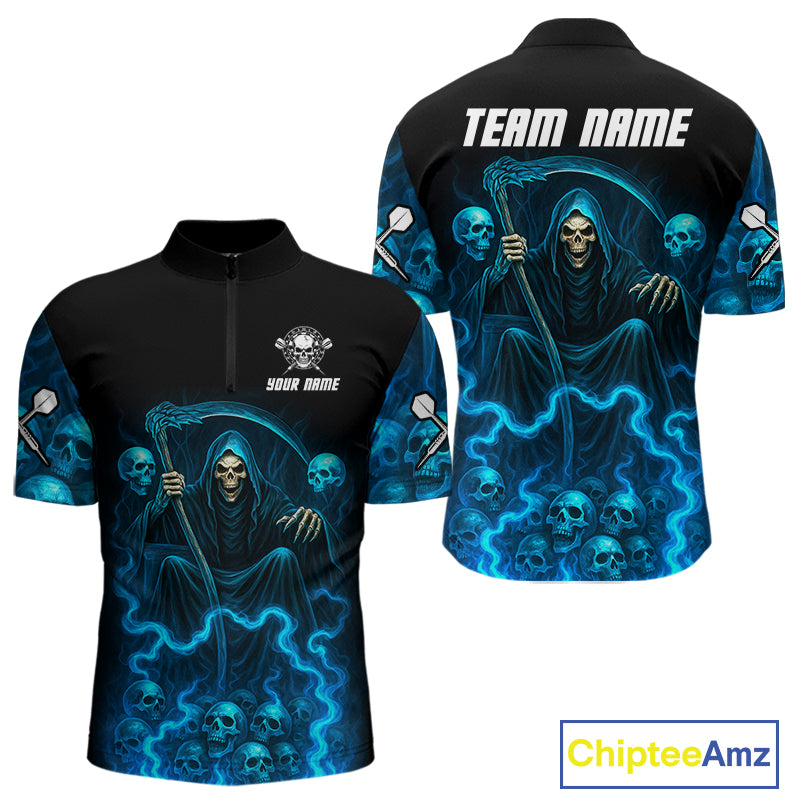 Blue The Reaper Men's Darts Shirt Flame Skulls Team Jersey - Custom Name For Players NYN0507