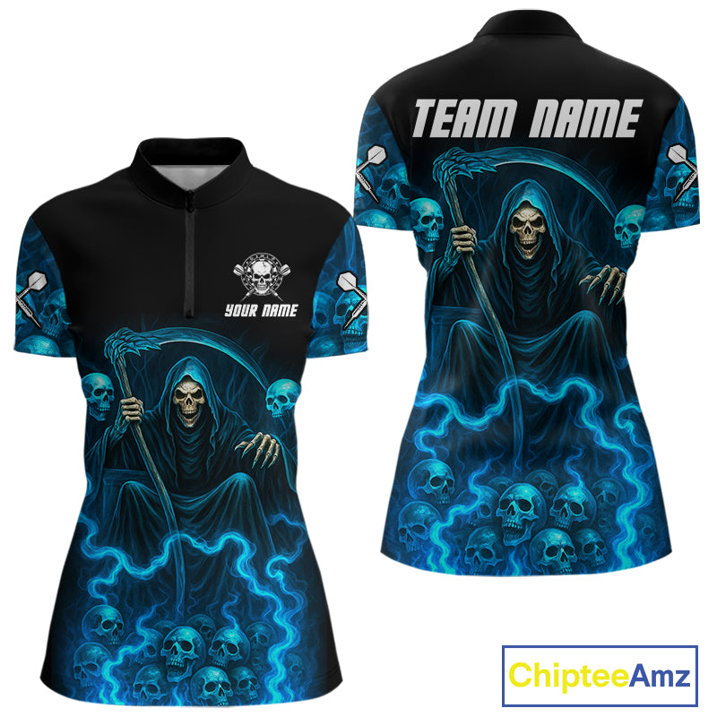 Blue The Reaper Women's Darts Shirt Flame Skulls Team Jersey - Custom Name For Players NYN0507