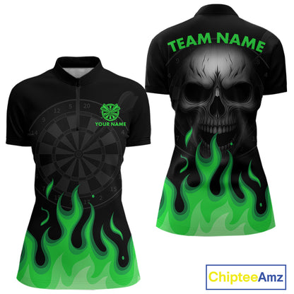 Custom Green Flames Skull Dartboard 1/4-Zip Darts Shirt For Women Outfit Dart Team Jersey NYN0995