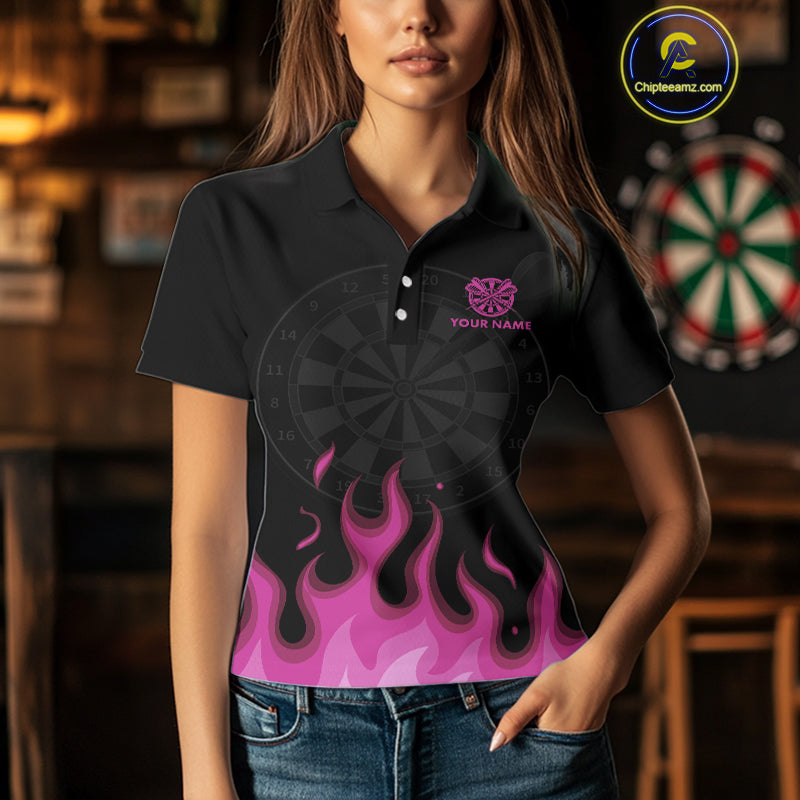 Custom Pink Flames Skull Dartboard Polo Darts Shirt For Women Outfit Dart Team Jersey NYN0996